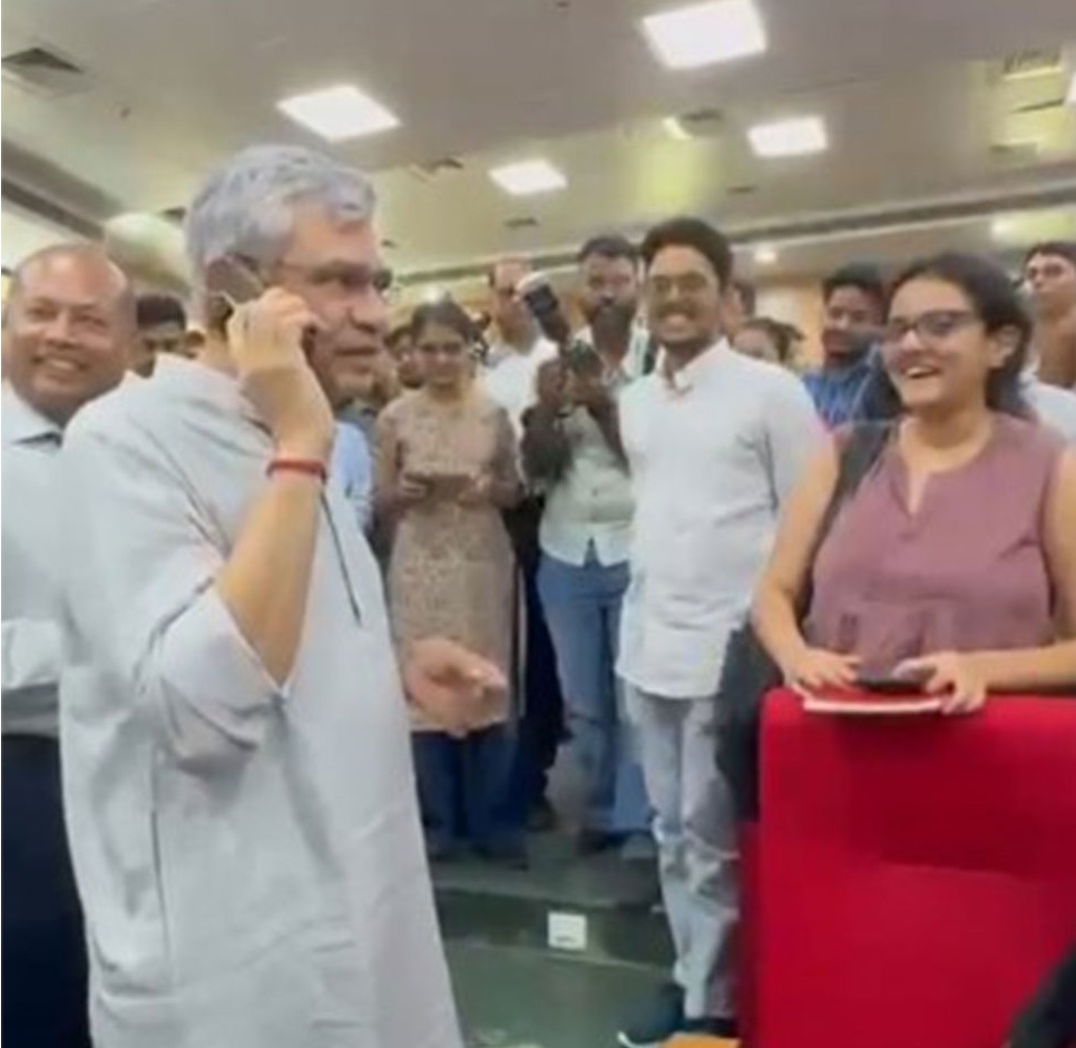 Union Railway Minister Ashwini Vaishnaw interacting with students at MNIT Jaipur alongside Prof. N. P. Padhy, Director of MNIT Jaipur.